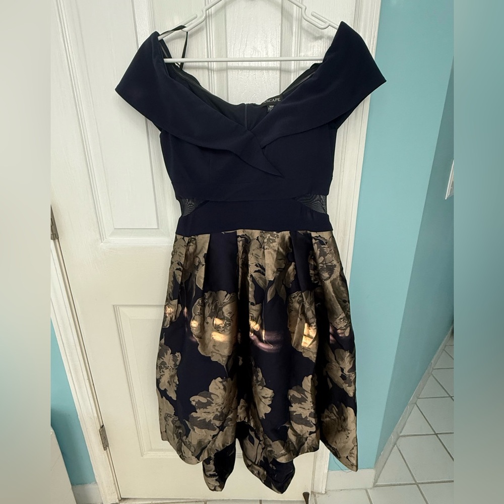 Xscape Navy and Gold Off-Shoulder High-Low Floral Dress